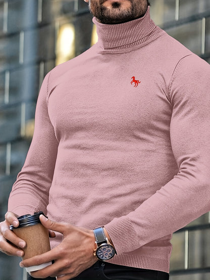 Men'S High-Neck Knitted Sweater | Slim Fit Pullover with Embroidered Spurs Design, Soft and Comfortable, Rayon Fabric, Fall/Winter Collection