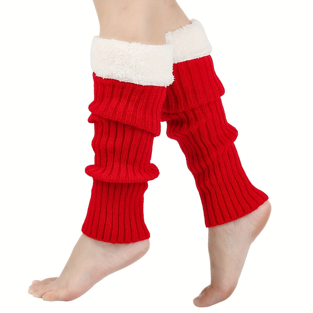 2pcs Women's Thermal Over-the-Knee (OTK) Leg Warmers & Footies - Thick Winter Warmth, Soft Fleece Lining, Red/White Cuff, Hand Washable, Snug Fit for Christmas, Casual & Formal Outfits - Ideal for Cold Weather & Layering, Sol