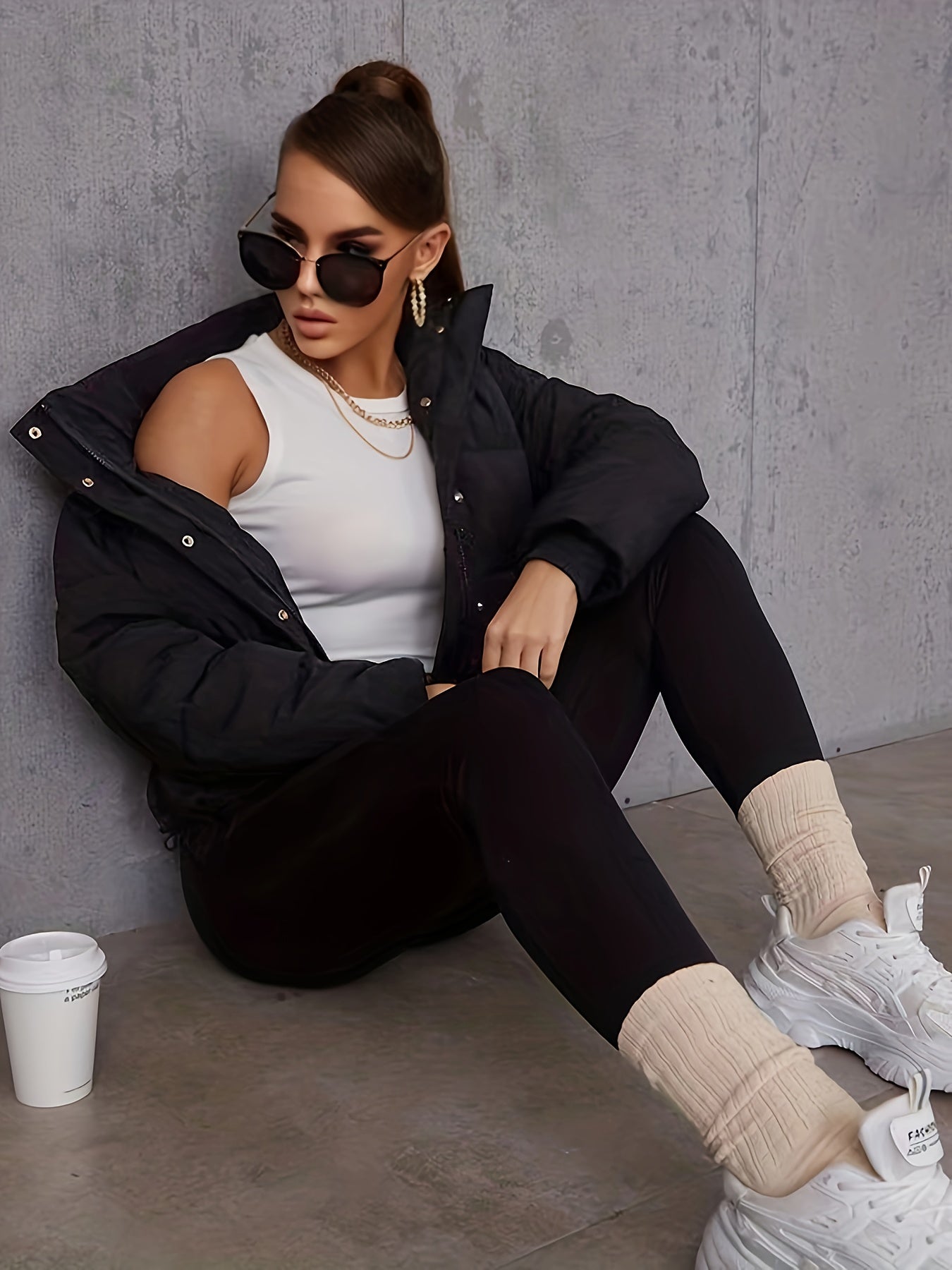 Stand Collar Pockets Puffer Jacket, Casual Drawstring Long Sleeve Jacket For Winter, Women's Clothing