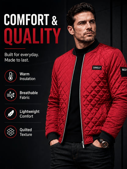 Men's Quilted Bomber Jacket with Ribbed Collar for Fall/Winter