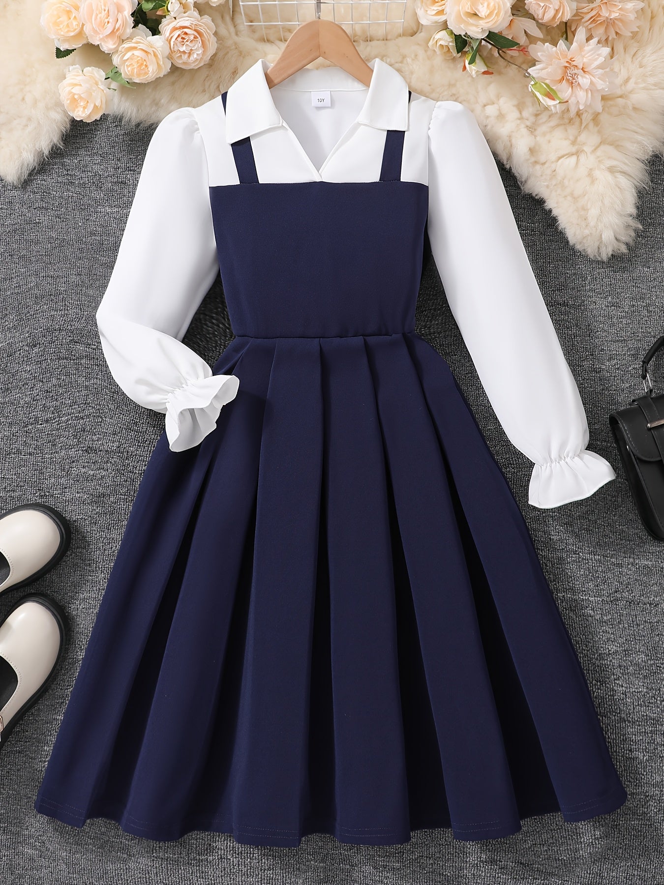Girls' Preppy Color Block Dress with Lapel Collar & Pleated Skirt