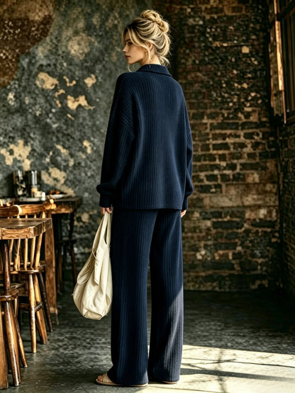 Women's Solid Color V-Neck Long Sleeve Top & Pants Set