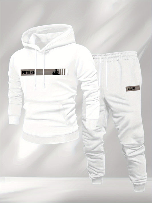 New Autumn and Winter Men's Fleece-Lined Hooded Sweatshirt Set with Print, Long-Sleeve Hoodie and Drawstring Pants for Couples