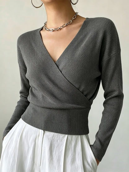 Women's Elegant Cross-Collar V-Neck Pullover Knitwear for Fall/Winter