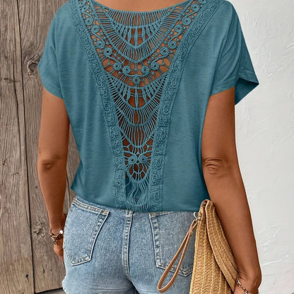 Women'S Elegant Lace Trim Short Sleeve T-Shirt - Chic White Top with Intricate Lace Detail, Round Neck, Lightweight Polyester for Spring/Summer Casual Wear, Ladies T Shirts