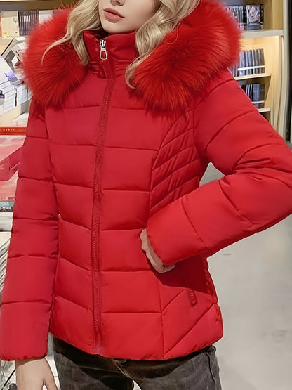 Women'S Red Winter Hooded Jacket with Plush Faux Fur Trim - Cozy Long Sleeve Zip-Up Coat, Slim Fit Casual Outerwear, Side Pockets, Warm & Stylish for Fall/Winter, Winter Jacket, Fall Fashion, Elegant Design, Soft Texture, Fas