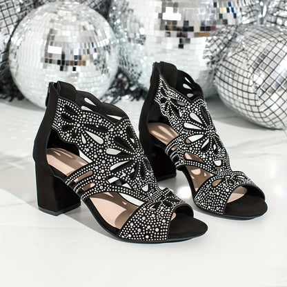 Elegant Black Floral Cut-Out High Heel Sandals for Women - Round Toe Block Heel with Zipper Closure, Ankle Strap, and Rhinestone Embellishments, Perfect for Parties and Formal Events, Formal Footwear   Floral Embellished Shoe