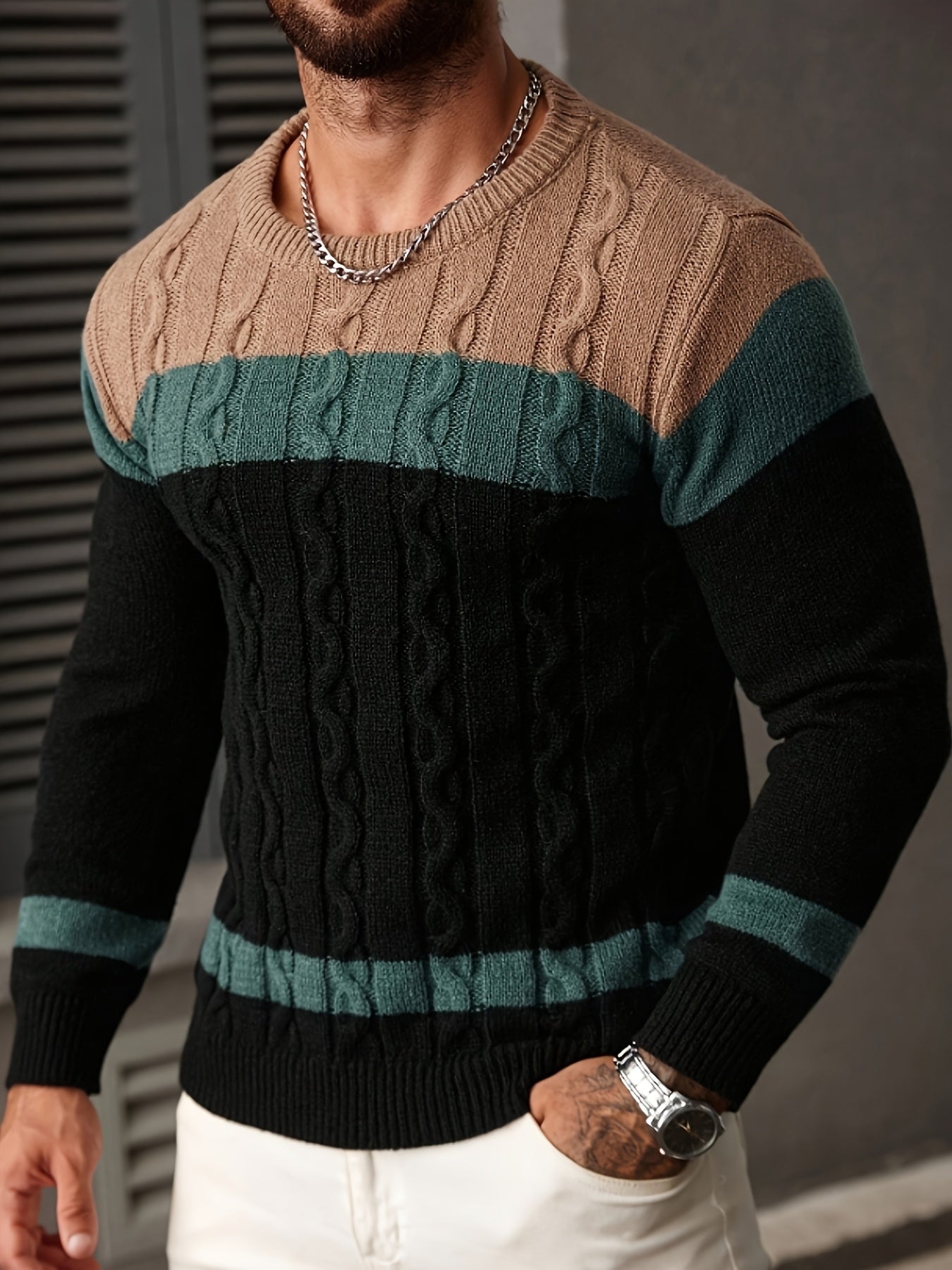 Men's Color-blocked Tweed Knitted Sweater, Round-neck Long-sleeved Knitted Color-blocked Light Gray for Business and Casual Outings