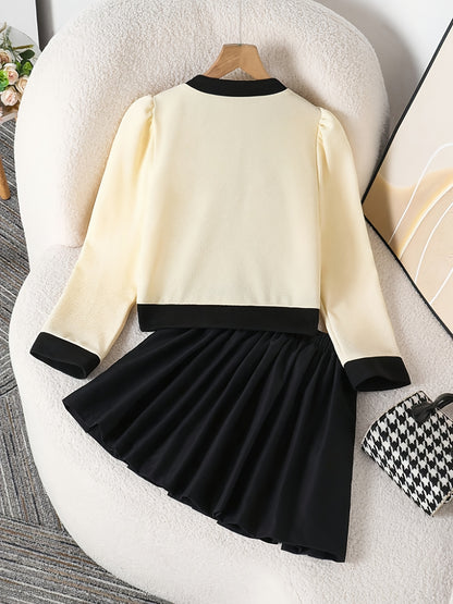 Girls' Preppy Two-Piece Set with Bow & Pleated Skirt