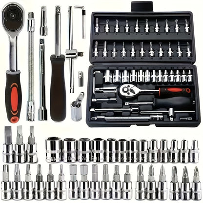 Black 46 and 121pcs of household car repair kit with plastic storage box, motorcycle repair kit, outdoor bicycle emergency bicycle repair tool, including hex wrench, universal joint, screwdriver, extension piece, slider