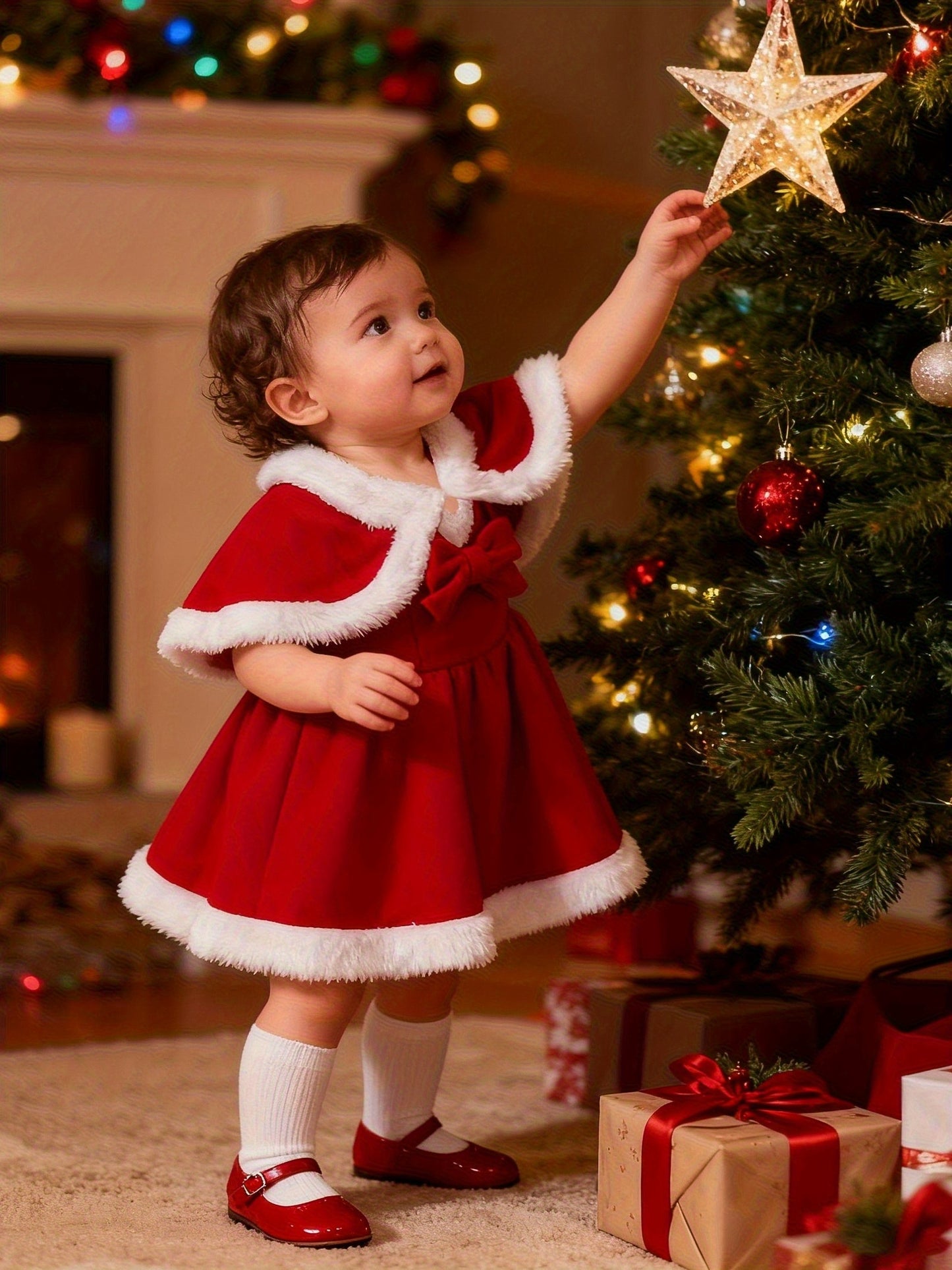 2pcs Girls' Bow Tie Suspender Dress + Shawl Children Christmas Party Gown, Seasonal Clothing, Holiday Dress, Stylish Outfit, Strapless Dress, Durable Dress, Comfortable Material, Shawl Dress, Children's Dress, Fashion