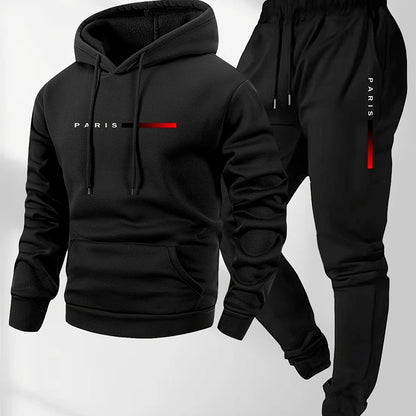 Men's Hoodie and Drawstring Sweatpants Set with PARIS Letter Print
