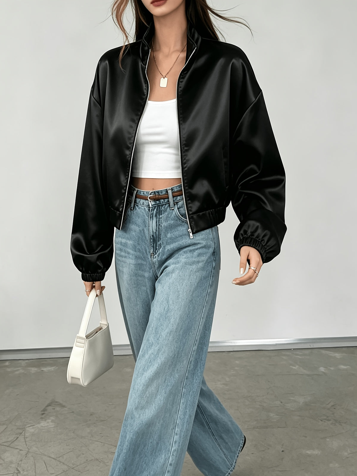 Women's Lightweight Satin Zipper Jacket with Mandarin Collar