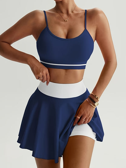 Women's Breathable Backless Sports Bra and High-Waist Pleated Skirt Se