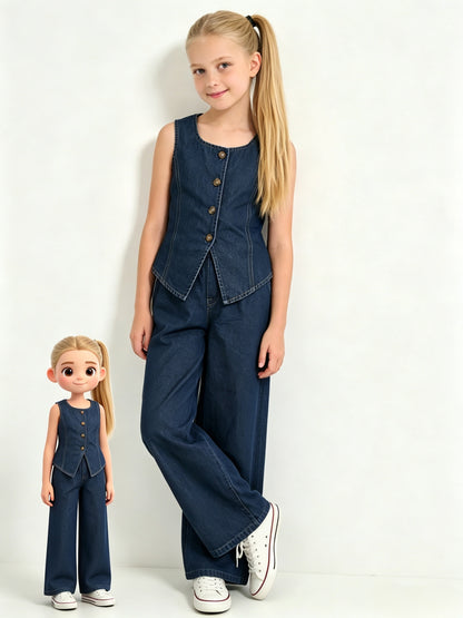 Girls' Summer Sleeveless Denim Vest & Wide-Leg Jeans Set