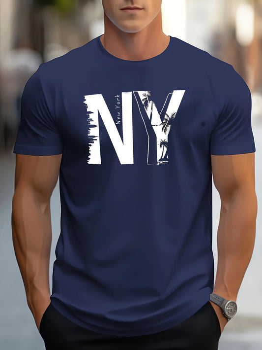 1pc Men'S Casual Cotton Blend T-Shirt with Letter Print, Round Neck, Regular Fit for Summer - Black, Navy, Red