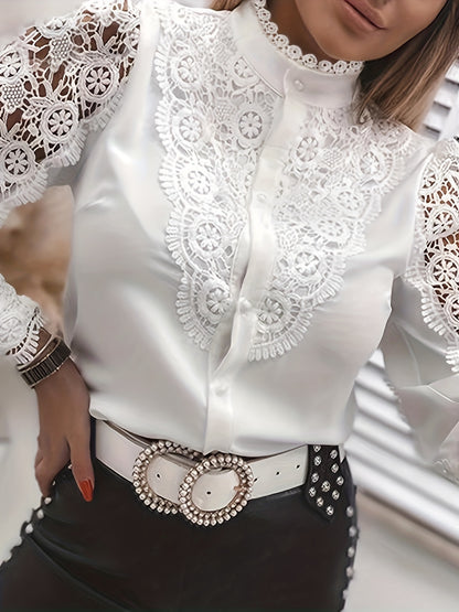 Solid Contrast Lace Blouse, Elegant Mandarin Collar Long Sleeve Blouse, Women's Clothing