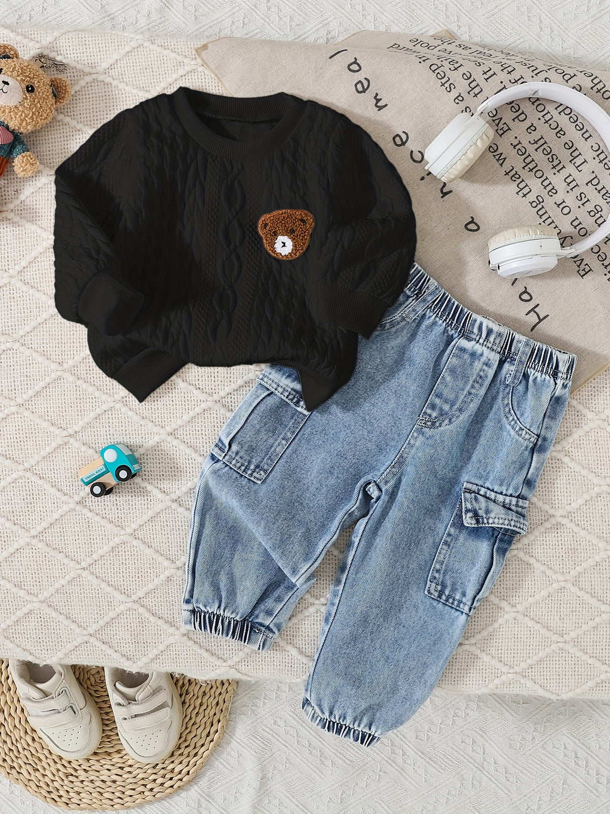Cute Baby Boy Fall Set: Bear Sweatshirt & Denim Jogger Pants - ayq