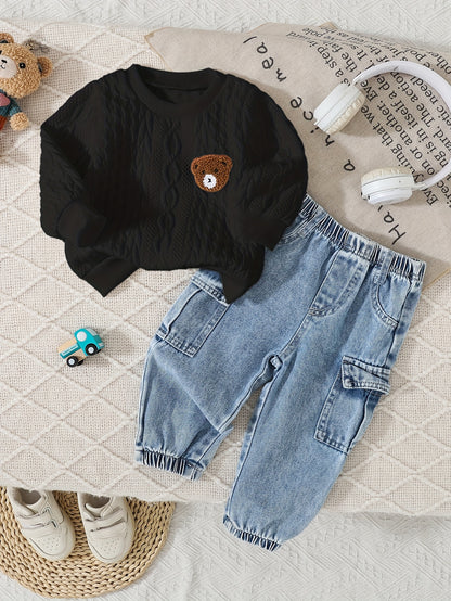 Cute Baby Boy Fall Set: Bear Sweatshirt & Denim Jogger Pants - ayq