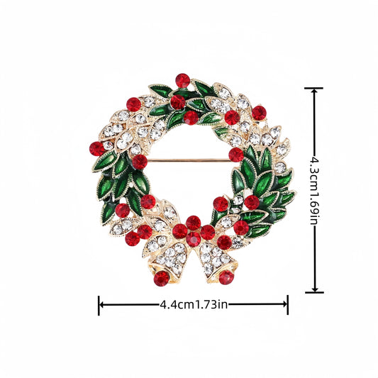 Luxury Christmas Bell Brooch with Rhinestone and Green Enamel Leaf, Alloy Golden-Plated, Fashionable Shiny Pin for Party and Banquet Accessories, Special Occasion Pin, Vintage Brooch, Elegant Design, Rhinestone Embellishment,