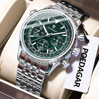 Luxury Stainless Steel Chronograph Watch with Green Dial