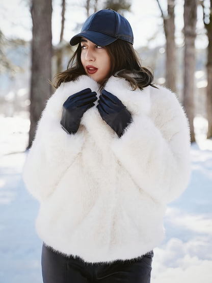 Women's Elegant Luxury Faux Fur Coat - Winter Warm Solid Black Outerwear with Plush Fur Collar, Machine Washable Winter Coat for Fall & Winter, Casual to Formal Events, Faux Fur Jacket for Women, Chic and Sophisticated Design