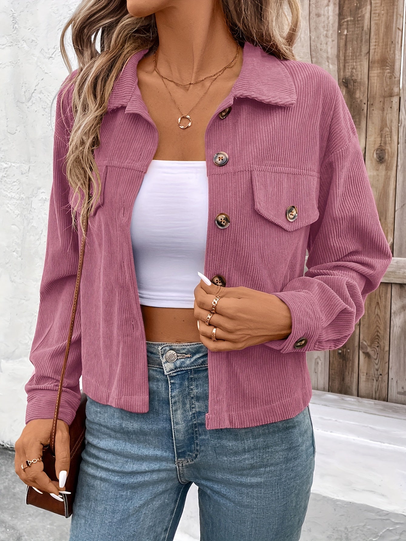 Women'S Elegant Pink Button-Up Jacket with Flap Pockets - Casual Fall Outerwear, Long Sleeve, Button Detail, Polyester Blend, Machine Washable, Casual Outerwear | Buttonup Jacket | Polyester Blend Jacket