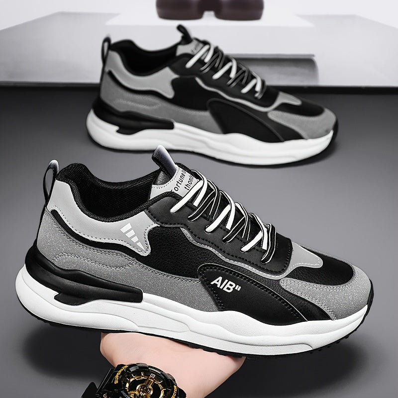 Men'S Fashion Sneakers, Casual Sports Shoes, All-Season Lace-Up Low Top, PU Upper, Fabric Lining, Rubber Sole, EVA Insole, Round Toe, with Trendy Thick Sole for Hiking, Outdoor, Daily Wear