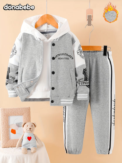 New Autumn And Winter Set: Classic And Stylish Button-Up Baseball Jacket with Letter Pattern Print on The Sleeves, Paired with Pants Featuring Black And White Stripes And Thickened Fleece for Warmth. This Comfortable And Vers
