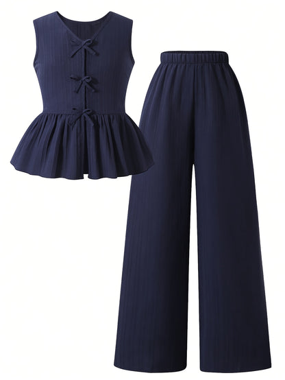 Girls' Summer Front-Tie Top & Wide-Leg Pants Set Casual