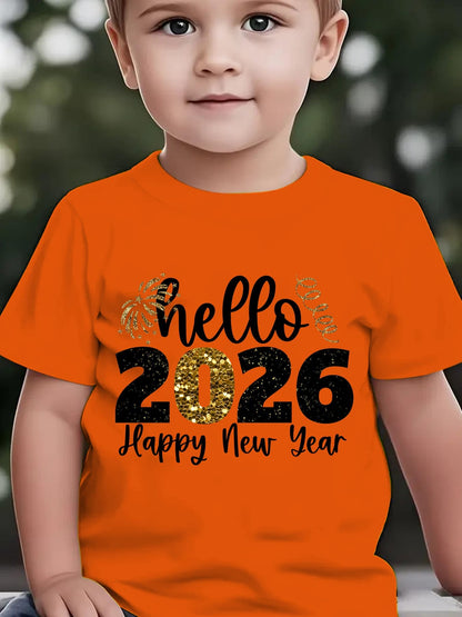 Boys' 2026 New Year'S Eve Party T-Shirt - Hello 2026 Happy New Year Fireworks Print with Golden & Lettering - Lightweight Summer Tee for Birthday Party Outfit, New Year'S Eve Celebration - Easy-care Kids Shirt, New Year T Shi