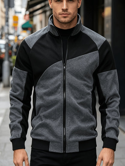 Men's Slim Fit Color Block Zip-Up Jacket with Stand Collar