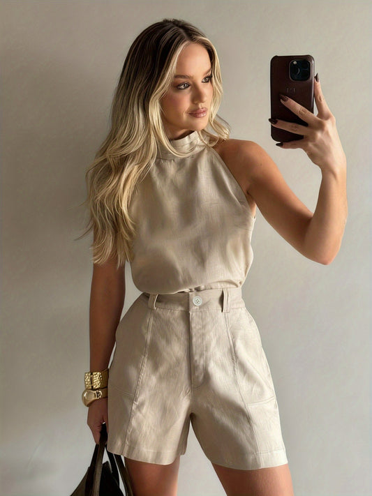 Women's Sleeveless Halter Neck Top and Shorts Set