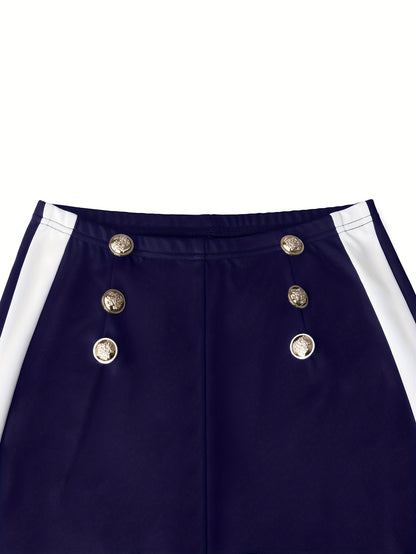 Women's Wide-Leg Casual Trousers with Side Stripe and Button Detail