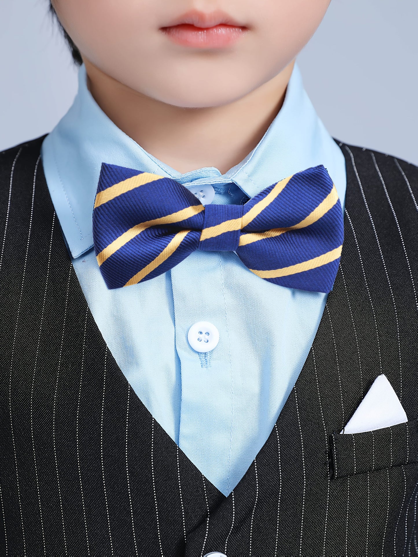 Boys Korean-Style Formal Outfit Set with Striped Vest & Bow Tie