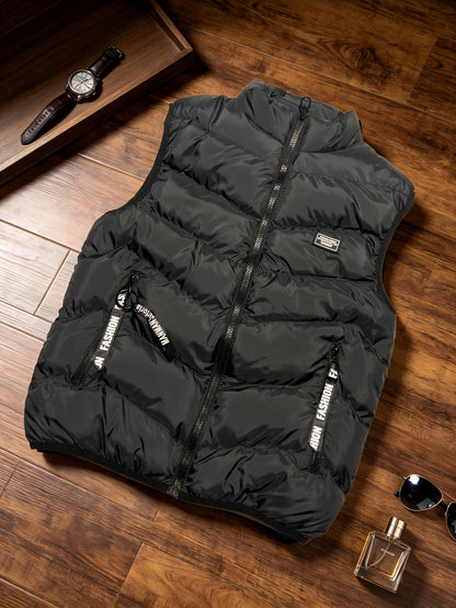 Men's Thickened Polyester Warm Vest with Full-Zip and Stand Collar