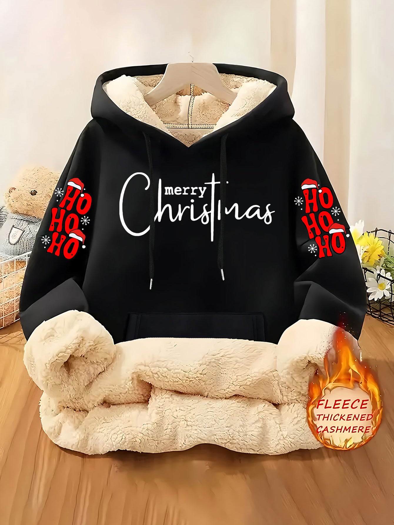 Christmas & Merry Christmas Letter Element Printed Women's Lined Hooded Sweatshirt, Thick and Warm Polyester Fabric Jacket, Suitable for Casual Composite Fabric Warm Clothing for Autumn and Winter Season