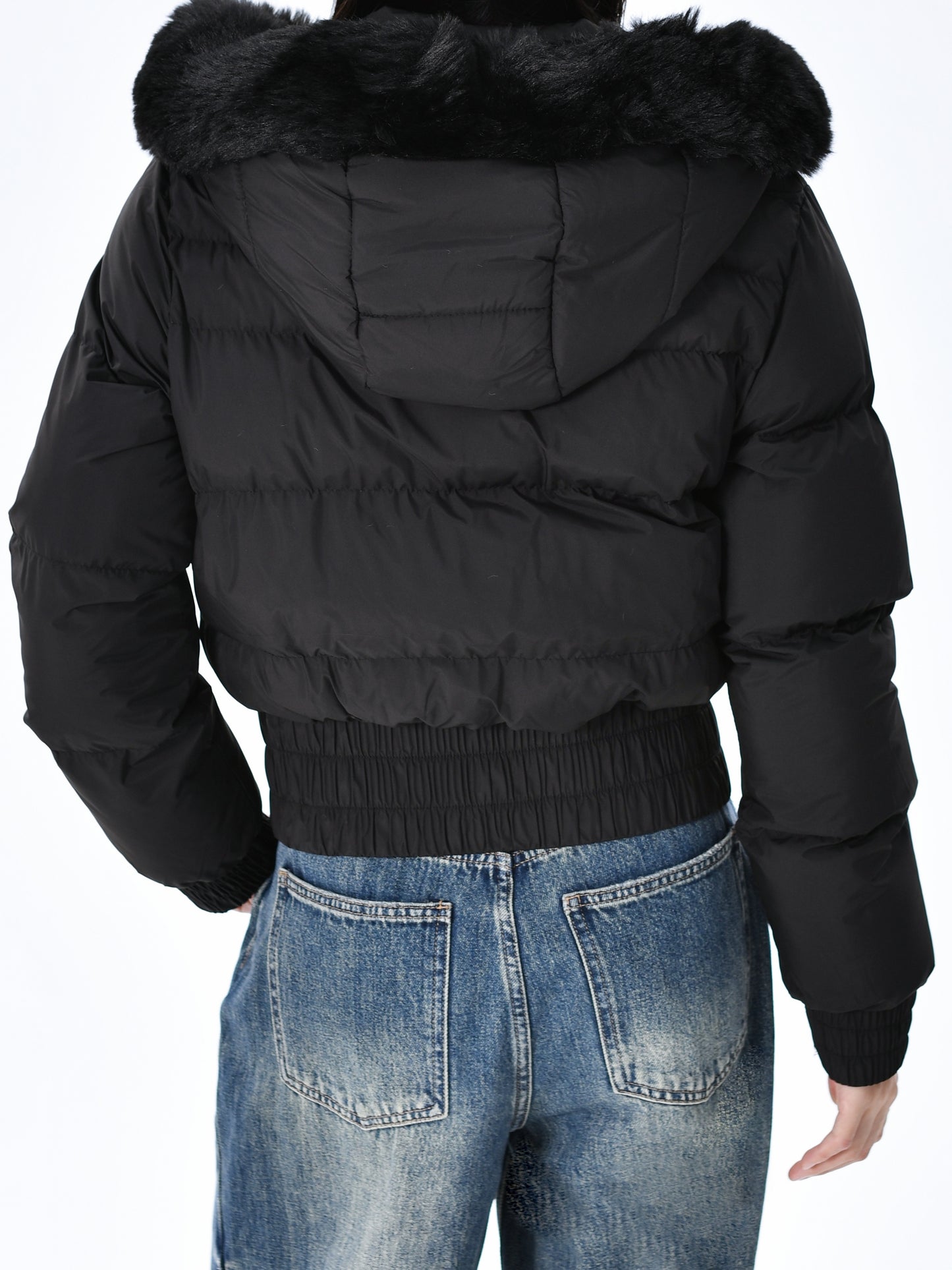 Elegant Polyester Padded Jacket for Women - 2024 Fashion Short Solid Color Coat with Thick Faux Fur Collar, Long Sleeves, Zipper Detail, Woven - Winter Warmth Casual Outerwear