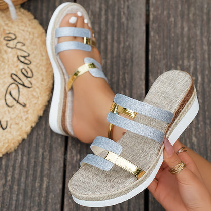 Women'S Slip-On Platform Sandals - Beige Open Toe with Golden Buckles, Faux Cover Upper  Fabric Insole, Comfortable Flat Heel for Casual Wear, Summer Footwear   Opentoe Sandals   Synthetic Cover Insole, Strappy Sandals