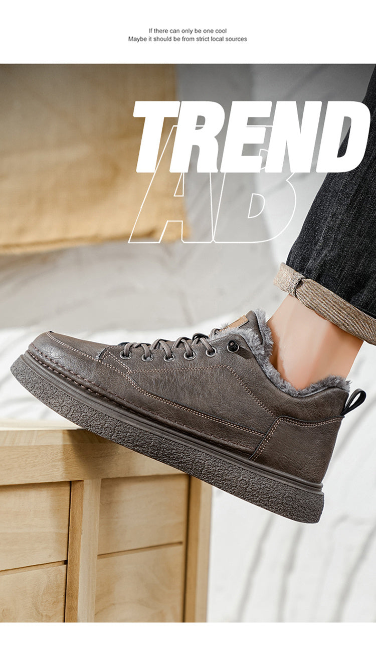 Men's Winter Warm PU -Like Hiking Sneakers with Plush -Like, EVA Cushioned Sole & Rubber Traction Tread - Low-Top Lace-Up Outdoor Shoes for Ice, Snow, Casual Wear (Black/Brown) - Cold Weather