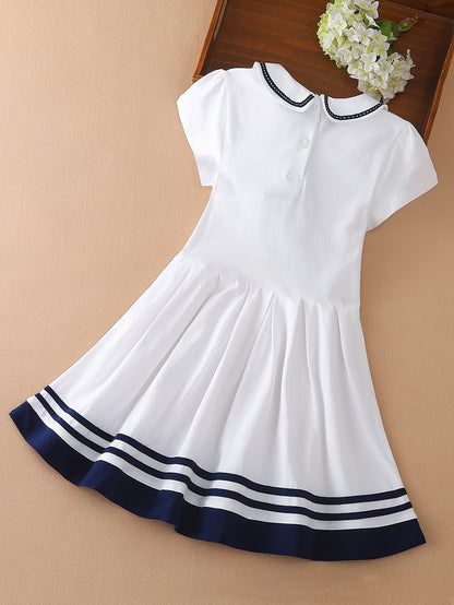 Girls' Summer Preppy Bow Dress with Sailor Collar and Pleated Skirt