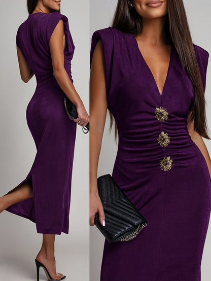 Sleeveless V-Neck Ruched Waist-Defining Metallic Midi Dress