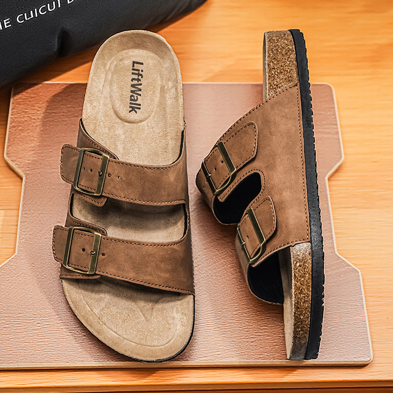 Men's Casual Outdoor Slip-On Sandals with Cork Sole and Double Buckles