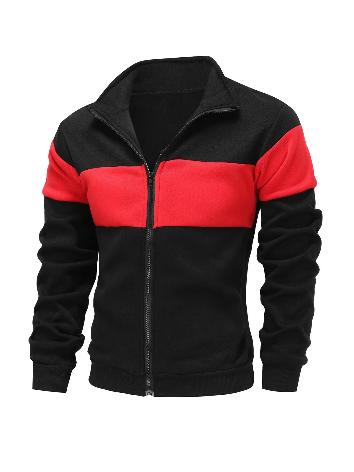 Men's Casual Stand Collar Zip-Up Fleece Jacket with Color Block