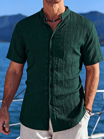 Men's Black Textured Stand Collar Short Sleeve Shirt