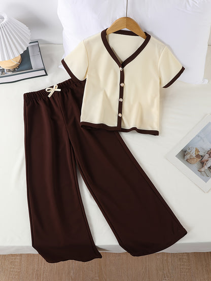 Girls' Casual Two-Piece Set: Color Block V-Neck Shirt & Pants