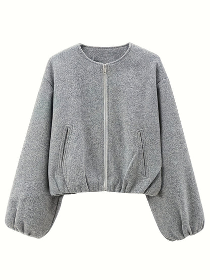 Women'S Elegant Pilot Jacket - Beige Bomber Style Short Coat with Pockets, Zip-Up, Long Sleeves, Loose Fit for Casual & Weekend Wear, Casual Wear Jacket | Bomber Jacket | Polyester Fabric