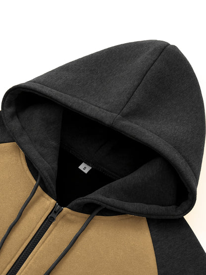 Men's Casual Sports Hoodie Two-Piece Set Four Seasons Color-Matching Zipper Drawstring Waist Jogging Suit