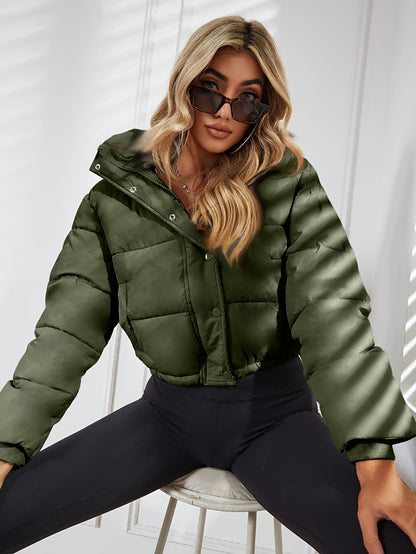 Stand Collar Pockets Puffer Jacket, Casual Drawstring Long Sleeve Jacket For Winter, Women's Clothing