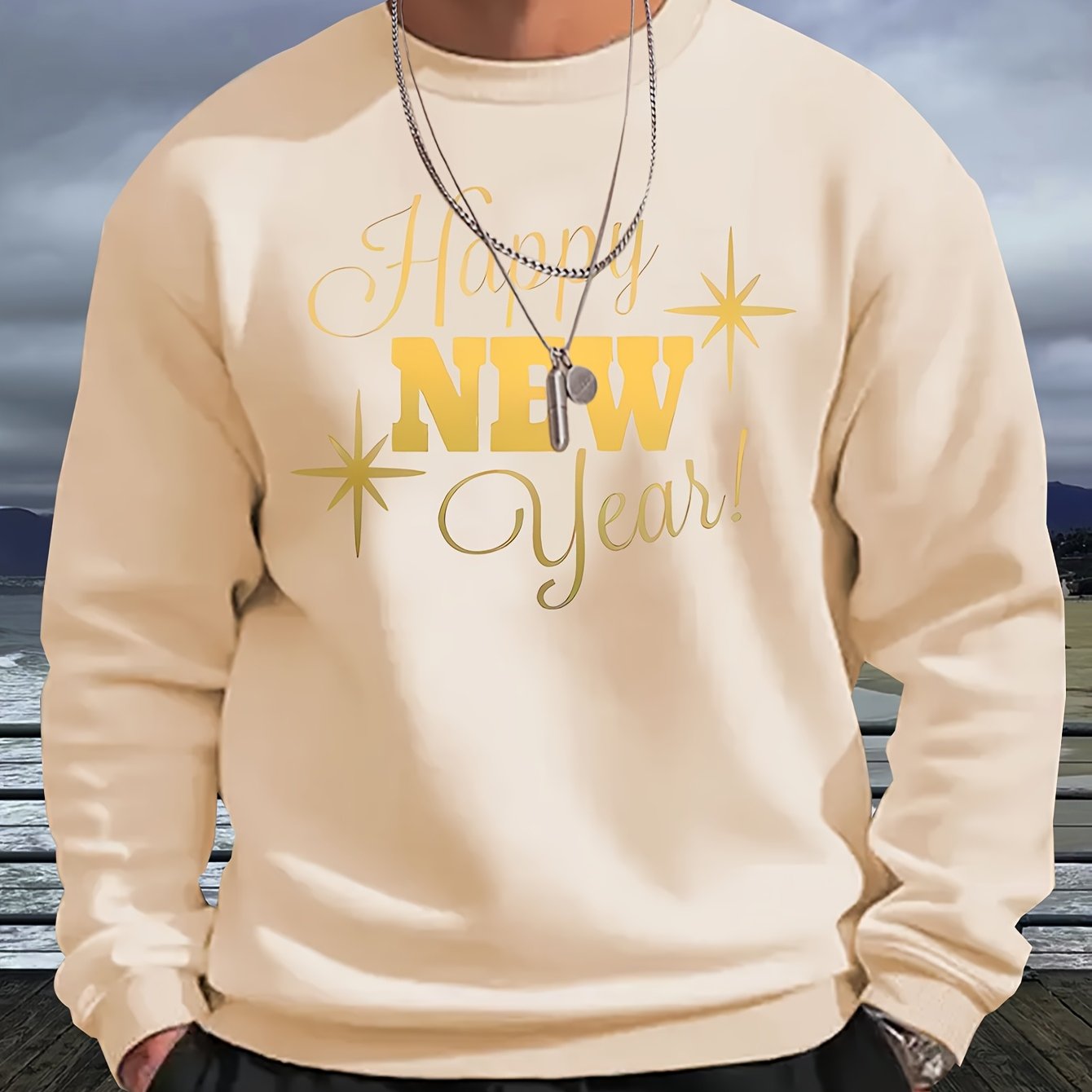 Men's Happy New Year Sweater - Loose Fit Round Neck Pullover Shirt with Golden Script, Light Grey & Machine Washable Casual Party Outfit for Everyday & Celebration Wear, Cute Sweaters, Festive Apparel, Festive Design, Durable
